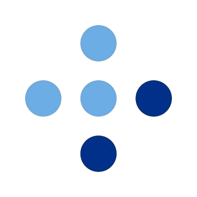 Seks sirkler i forskjellige blå nyanser arrangert i et pluss-tegn mønster.
