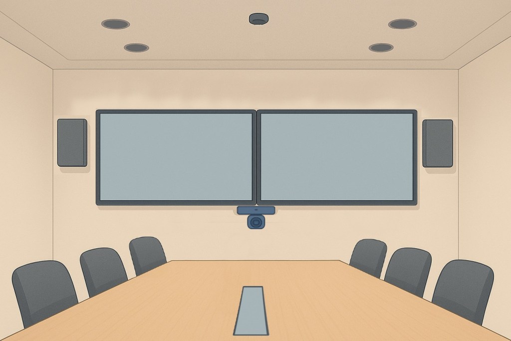 Bilde av et møterom med to store skjermer, høyttalere, et kamera og en lang bord med stoler rundt.